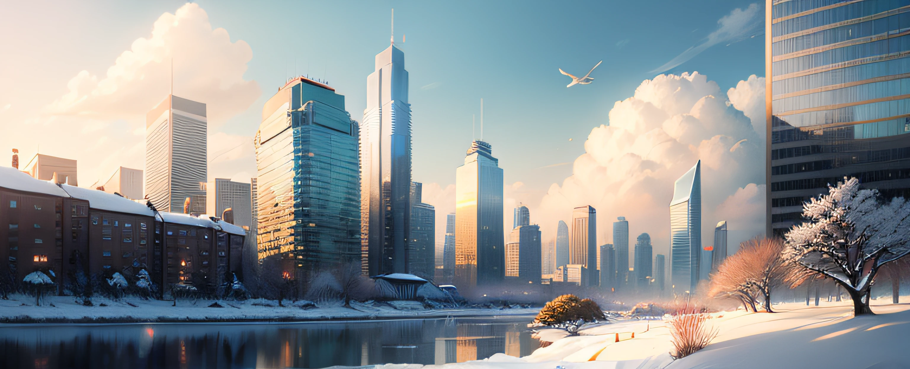Scenery, Skyscrapers , Garden , floating Snow , Winter , Wind , Cloud , sky , Afternoon , Sun , Breeze , author: Shinkai sincerely