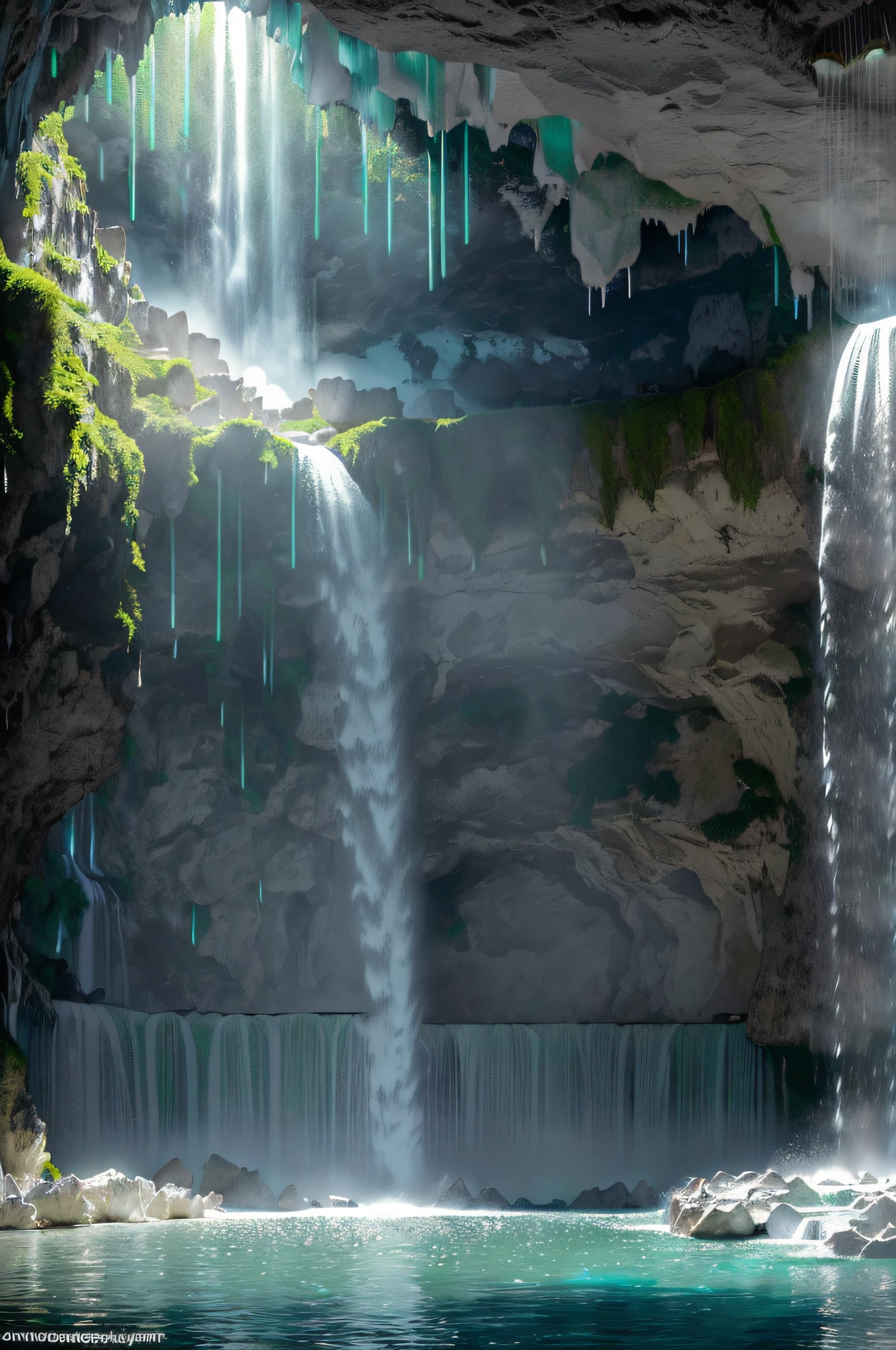 (Masterpiece:1.3), (Best Quality:1.4), (Ultra high Detailed), (Raw photography), (In the depths of a limestone cave with white walls), (Waterfall inside a limestone cave:1.5), emerald green, Minerals that sparkle when the light hits them:1.5, (water curtain:1.5), (Make a bonfire), grilled fish, fish skewers, fantastic, mysterious, Nature
