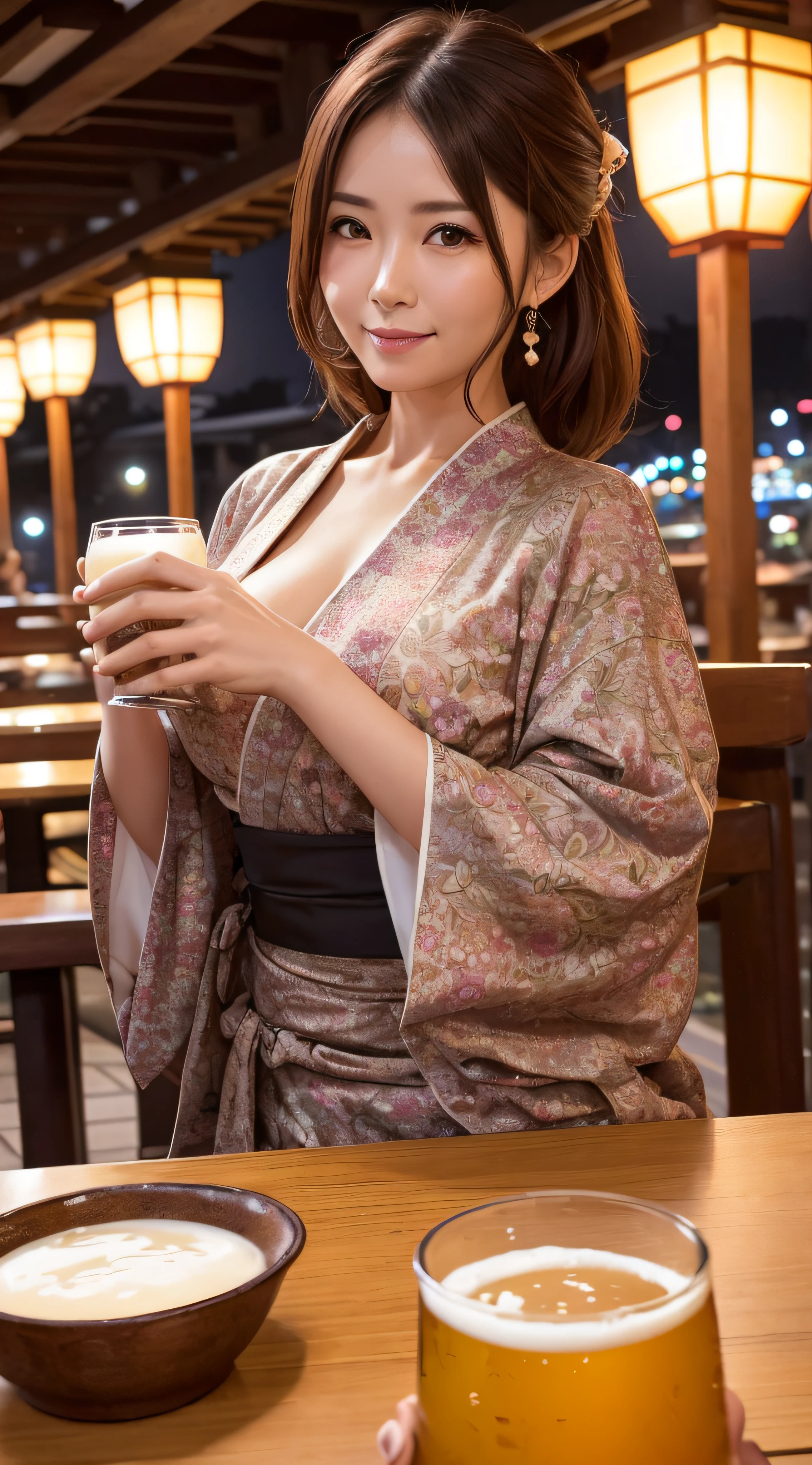 There is a woman in her 50s sitting at a table holding a beer bottle and trying to pour beer into the photographer's glass. She is wearing a floral patterned yukata. Elegant pose, permed brown hair, big breasts, adult fashion, Japanese model, terrace seat, riverside, lanterns