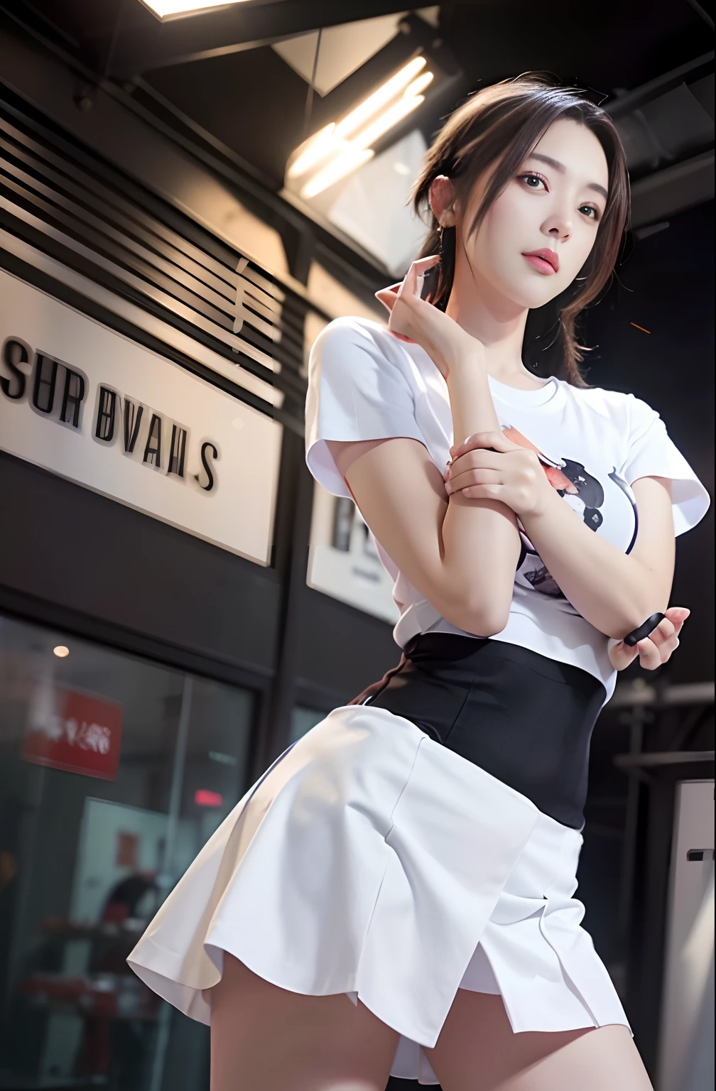 best quality, masterpiece, 1 girl, beautiful face, (photo photorealistic:1.3), edge lighting, (high detail skin:1.2), 8k ultra hd, dslr camera, high quality, high resolution, 4k, 8k, bokeh, ridiculous, best ratio four fingers and one thumb, (realistic:1.3), cute 1girl, wearing white t-shirt, medium breasts, white short skirt,