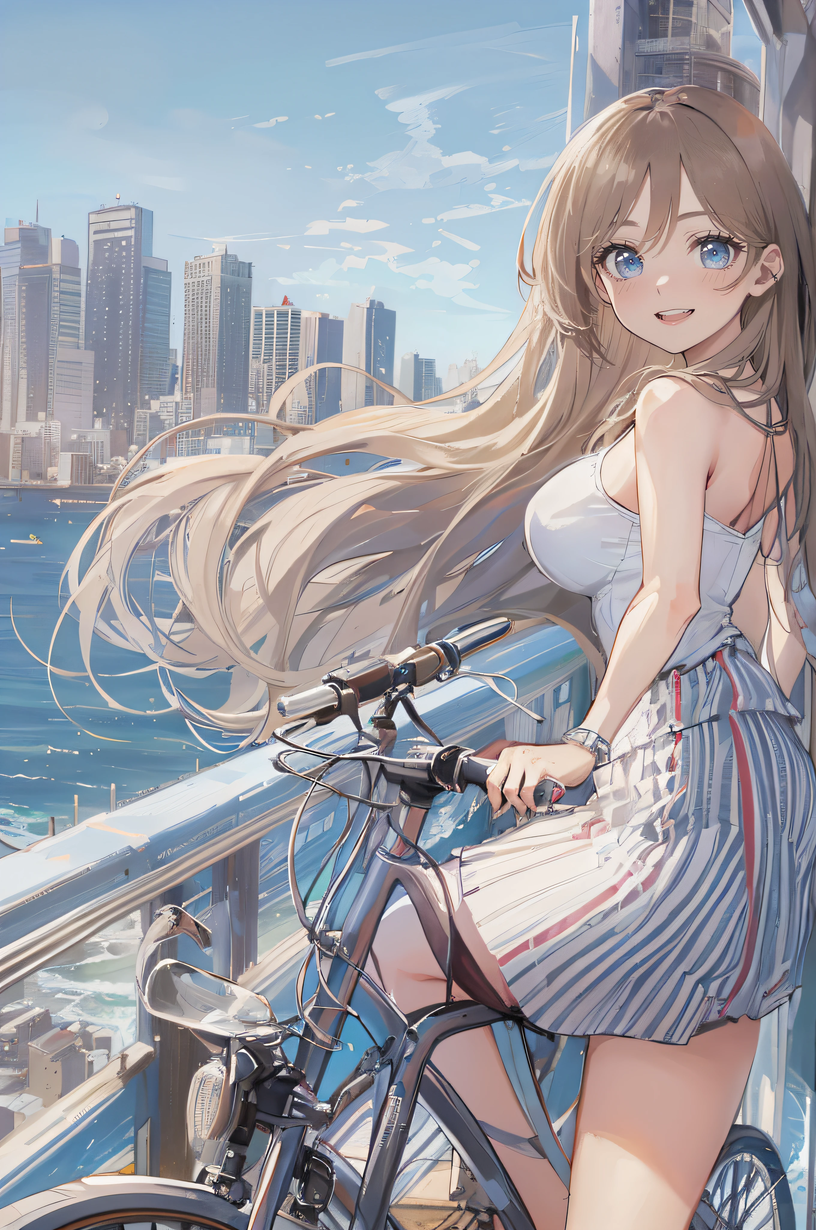 ((A beautiful and cute woman riding a bicycle)), ((20-year-old beauty)), ((charming smile)), ((shiny long hair)), ((miniskirt)), (( Rich bust)), ((gradient eyes)), ((background is city with sea view)), attractive makeup, single view, NFFSW, UHD, retina, masterpiece, accurate, anatomical, scientifically correct, textured skin, super detail, high detail, high quality, award winning, top quality, high resolution, 1080P, HD, 4K, 8k, 16k