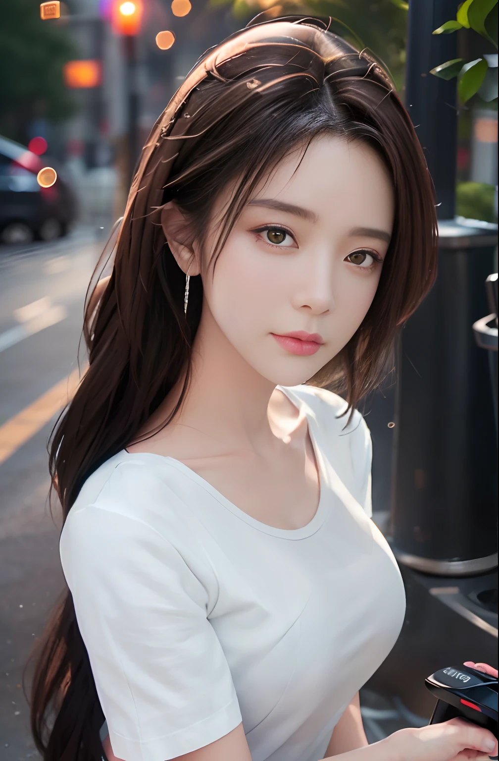 best quality, masterpiece, 1 girl, beautiful face, (photo photorealistic:1.3), edge lighting, (high detail skin:1.2), 8k ultra hd, dslr camera, high quality, high resolution, 4k, 8k, bokeh, ridiculous, best ratio four fingers and one thumb, (realistic:1.3), cute 1girl, wearing white t-shirt, medium breasts, white short skirt,