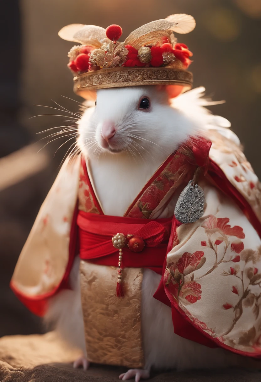 A humanoid hen，Dressed in traditional Japanese costumes and a humanoid mouse，Wearing hanbok，Fierce