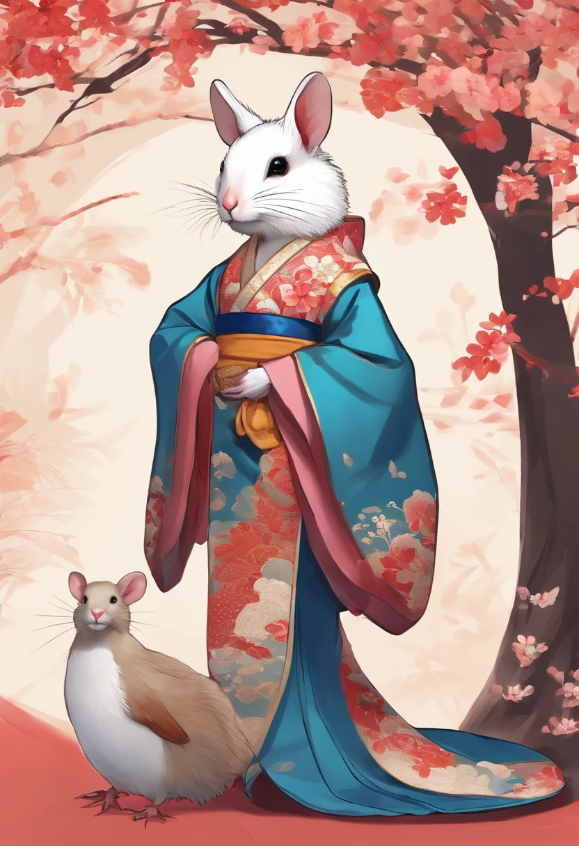 A humanoid hen,Dressed in traditional Japanese costumes and a humanoid mouse,Wearing hanbok,Fierce