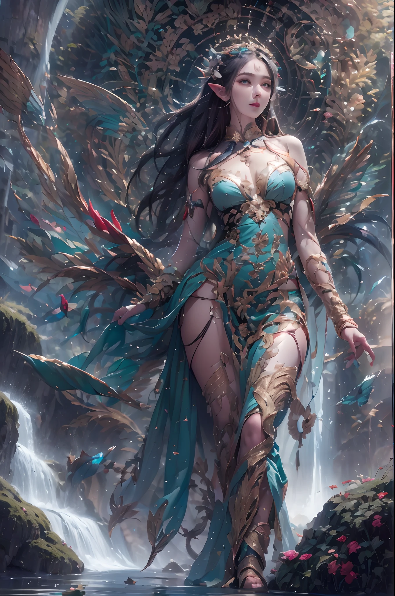 ( Absurd, High quality, Ultra-detailed, Masterpiece, concept-art, smooth, high detail artwork, Hyper-realistic painting ) , elf, Plum elf, plum , Transparent fairy wings, huge tit,low chest,fairytale-like, Romantic, Vivid, Whole body,hand behind back,Malu,In nature with waterfalls,PureErosFace_V1,Urzang-6500-V1 version.1,
