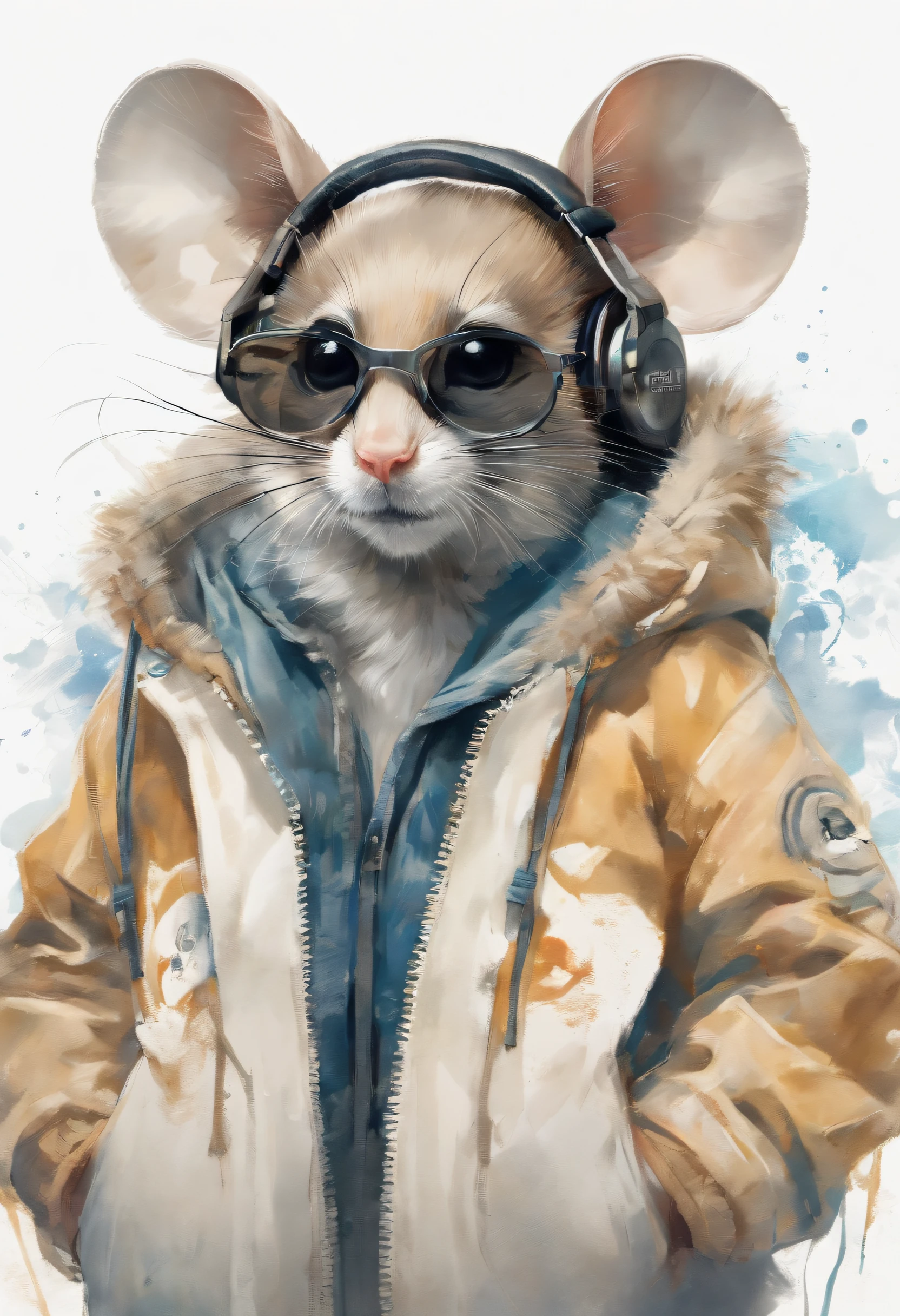 Perfect centering, Cute mouse, Wear a student team jacket, Wearing sunglasses, Wearing headphones, cheerfulness, Standing position, Abstract beauty, Centered, Looking at the camera, Facing the camera, nearing perfection, Dynamic, Highly detailed, smooth, Sharp focus, 8K, high definition resolution, illustration, Art by Carne Griffiths and Wadim Kashin, White background