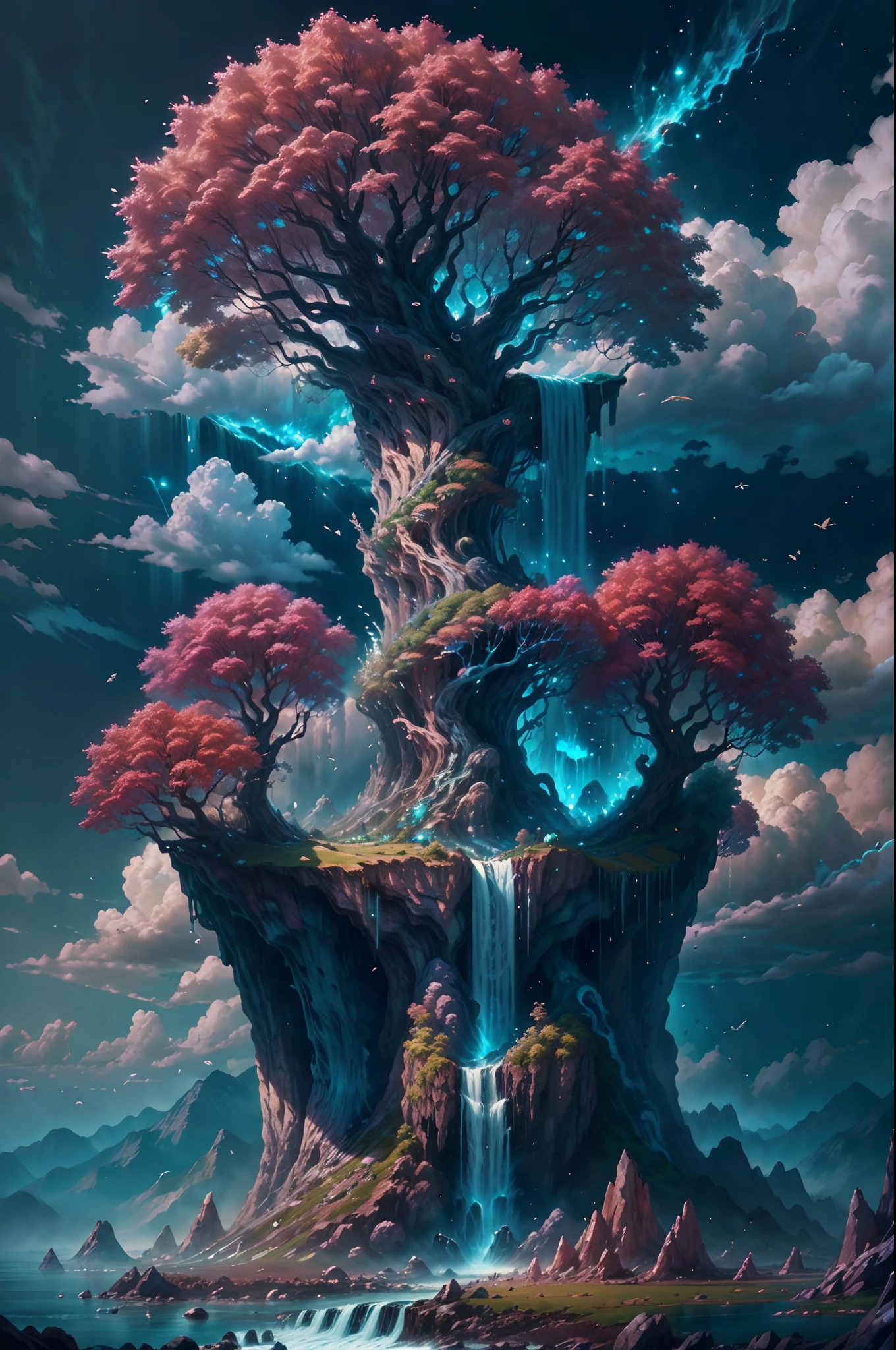(8K, 16 K, Award-winning, Highest Quality, High resolution, Super Detail, ​master piece: 1.3), Floating World Tree, massive trees, Seven-colored leaves, Yggdrasil, Water flowing from the World Tree becomes a waterfall, large waterfall, River flowing among the clouds , Waterfall falling from the clouds, The whole body of a giant crystal tree、Heaven, Clouds, Peace, Fantasy, Dancing Angel, rainbow, Waterfall falling in the sky, Dancing feathers, Unrealistic, Tree of Life, clear stream