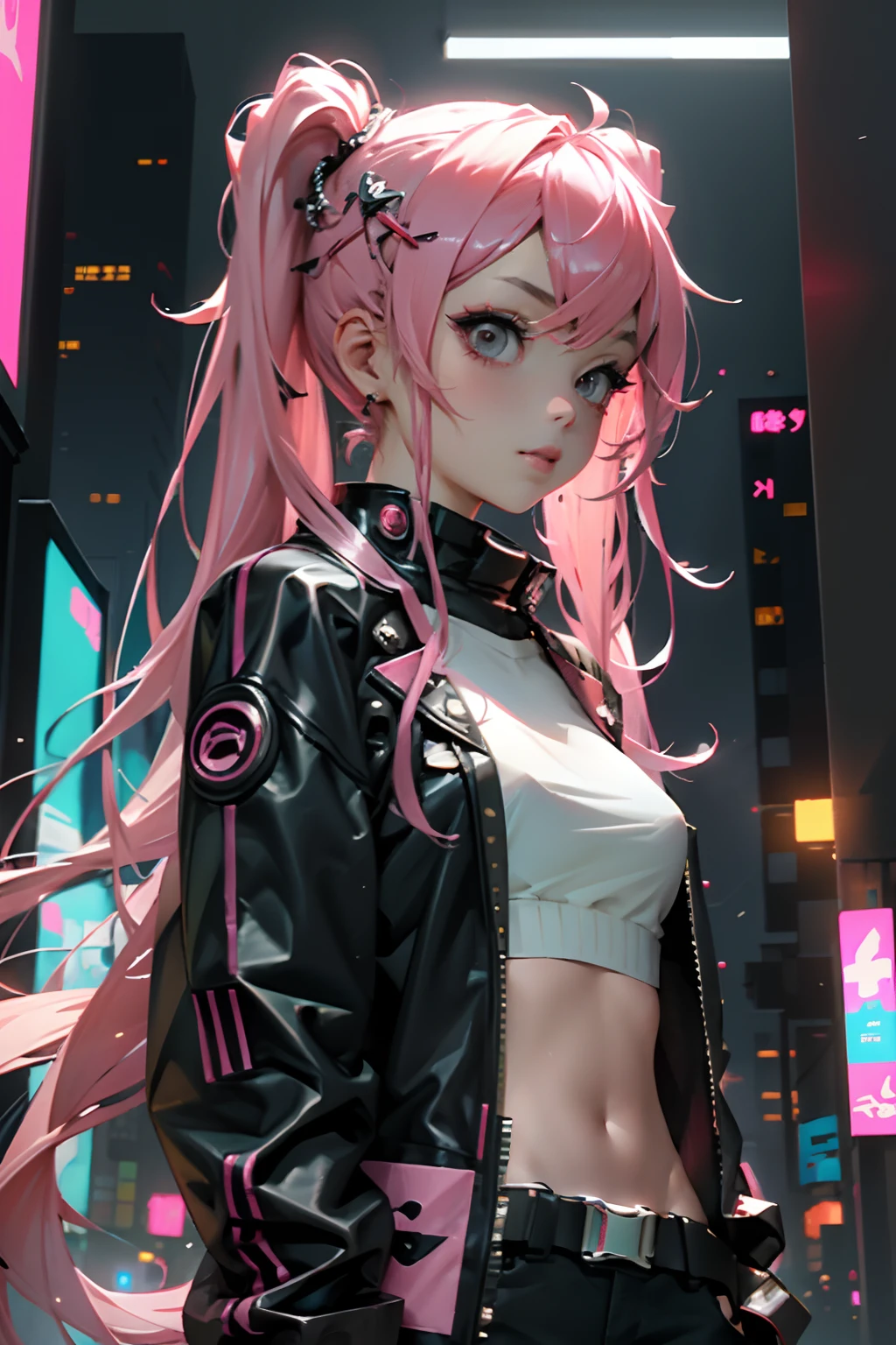 Beautiful woman pink twin tail long hair、cyberpunk style short clothes、gazing at viewer、front facing、