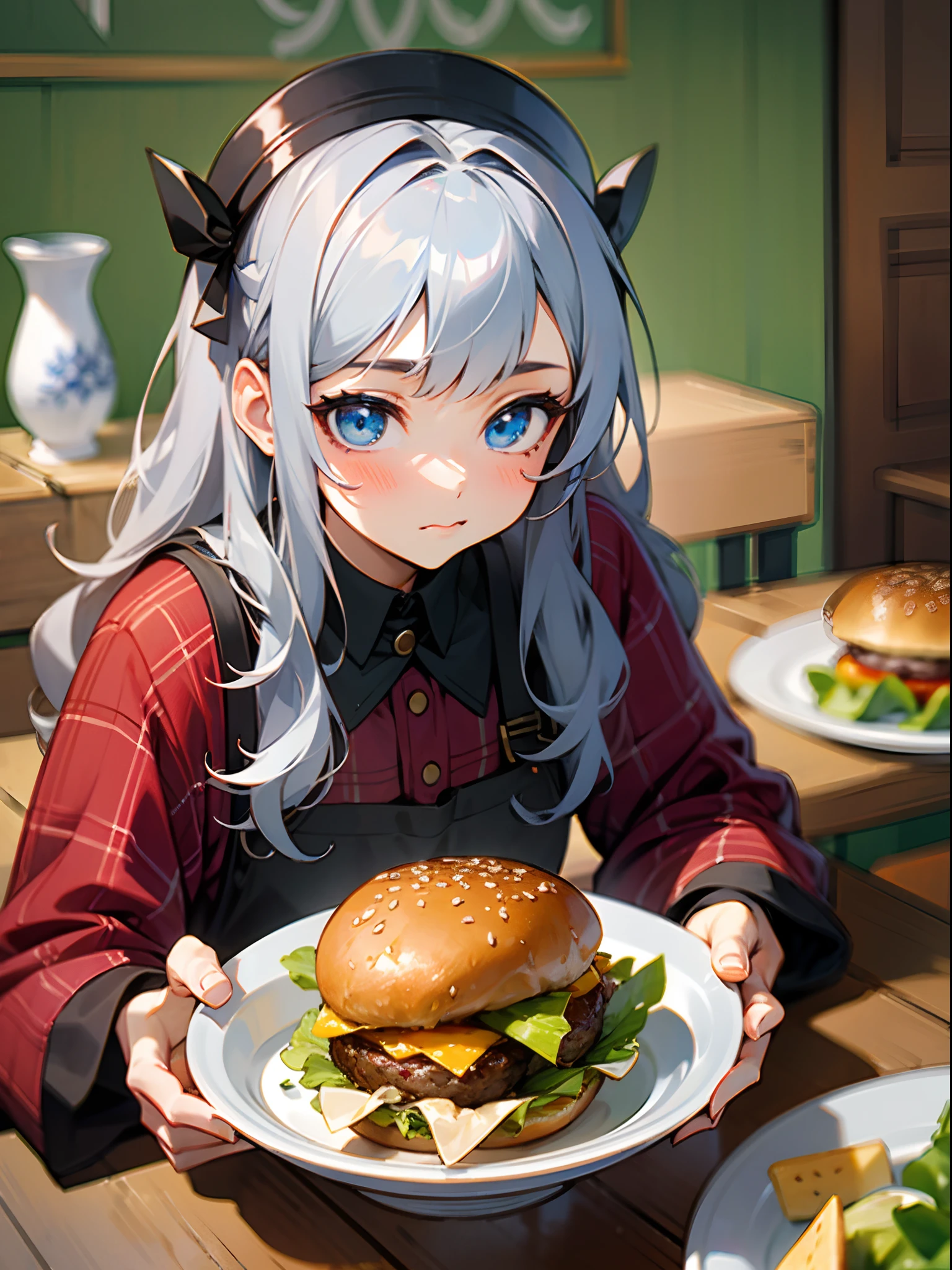 masterpiece, top-quality, realisitic, One girl eats a hamburger、silber hair、Blue eyes \(foods, food focus,tomatoes, bblurry, still-life,hamburgers, cups, lettuce, fruit, onions, bowl, depth of fields, veggies, blured background, cheese\),