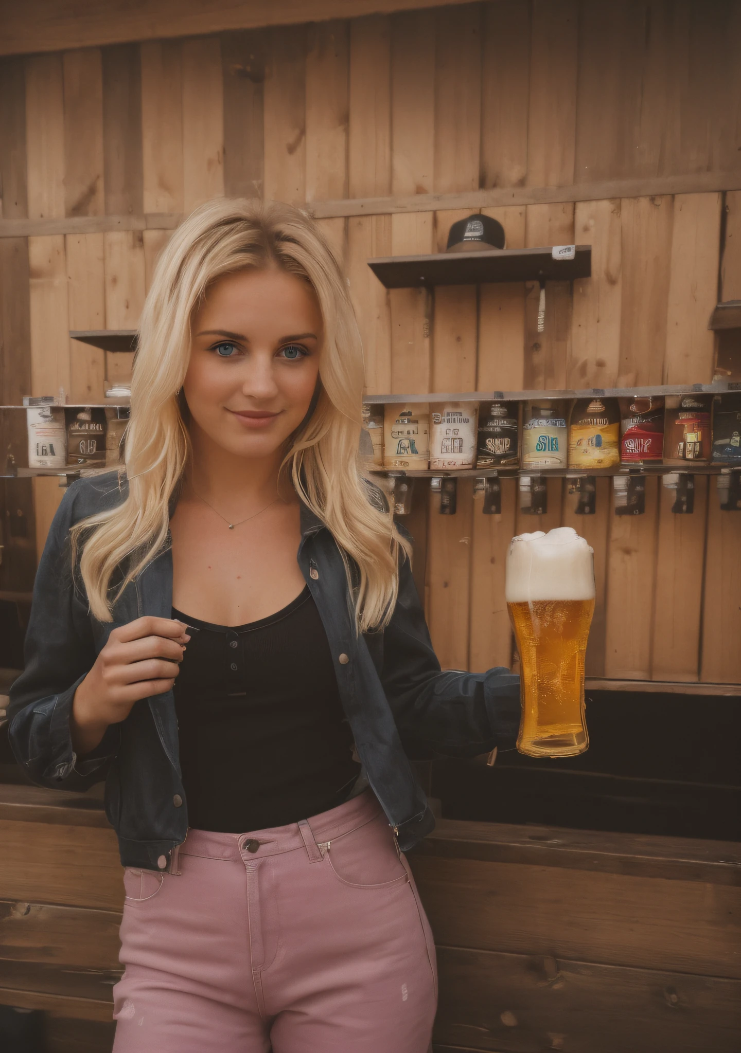 Topmodel, 23 Jahre alt, blondes Haar, Schwedisch, Braun gebrannt, look cute, schlank, smiling. perfect body. big boobs. ((Ein Bier trinken)) Wears denim hot pants and a short white top. Im Hintergrund befindet sich eine gut sortierte Spirituosenbar.