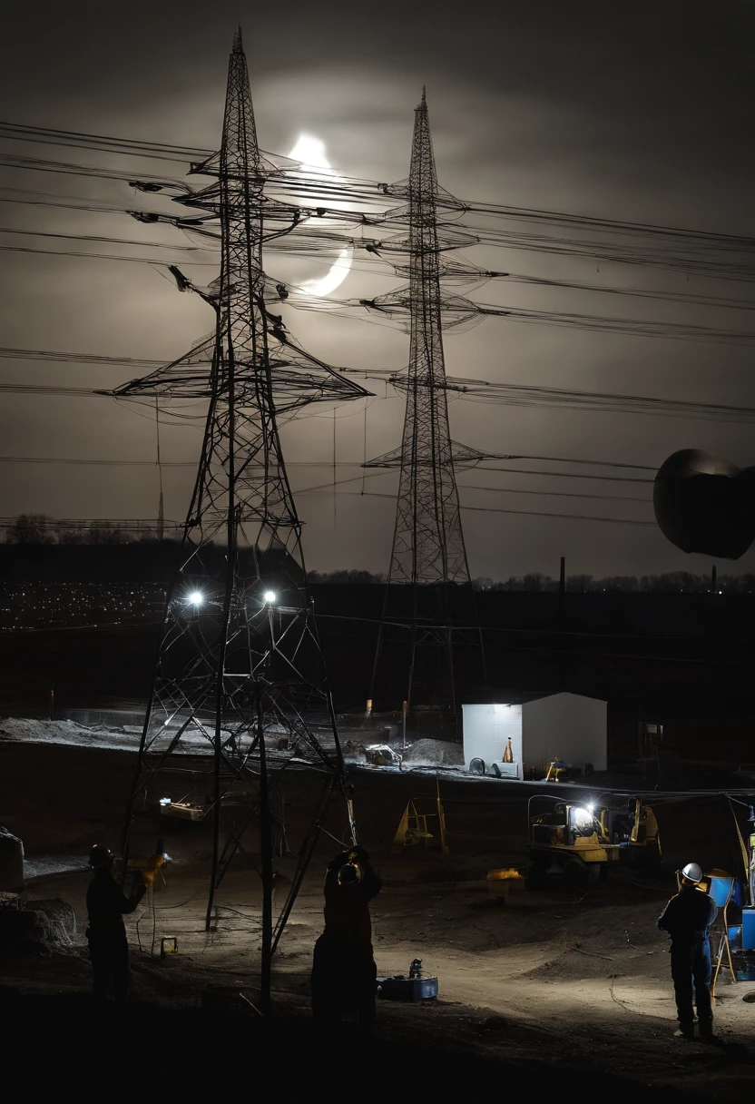 "A peaceful and peaceful night, Bask in a silvery glow. Harmonious view of the moon，(((Several electrical workers are working on the wire. ))),The background is a coal-fired power plant，Towering chimneys。
