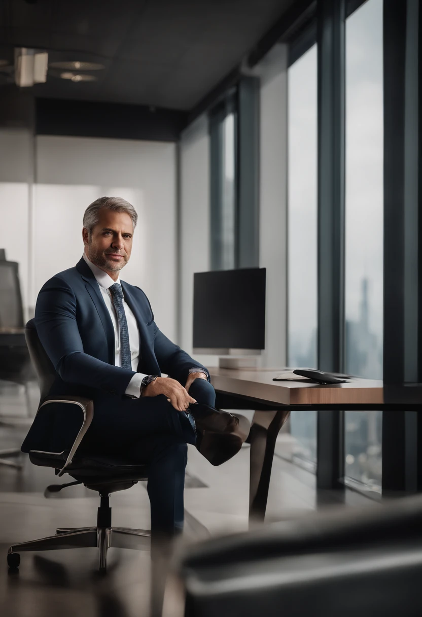 Meio tamanho realista "Generate a professional CEO image with a middle-aged individual dressed in a bespoke business suit, in a modern office environment. The background should feature a tastefully decorated office with a city skyline visible through large windows. The CEO should have a friendly and confident expression, e a imagem geral deve transmitir profissionalismo e sucesso."