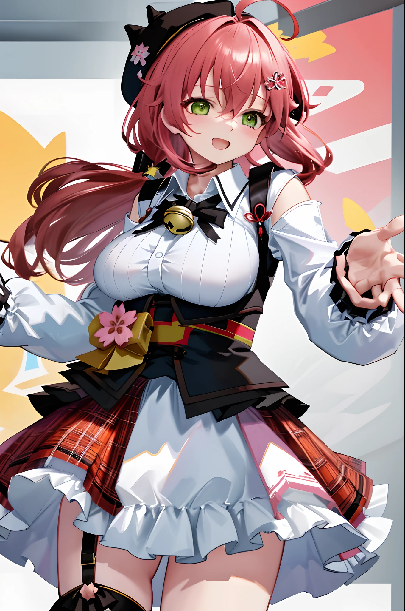 masutepiece, Best_Quality, hight_resolution, miko2,Ponytail, 1girl, young_teen,Ahoge, black headwear, Hair Ornament, White shirt, black thighhighs, Pink hair, Red_skirt, very_short_skirt, plaid skirts, garter_strap, Collared shirt, hair clips, frilld, Bangs, hair between eye, frills skirt, beret, Pleated skirt, Hair Flower, Neck bell, , puffy long sleeves, Black bow, Underbust, Cowboy Shot,Smile, (gigantic_breasts:1.3),covered_nipples, covered_pussy,green_eyes, happy, childlike_posing,spread_legs,(big_smile:1.2),plump,open_mouth,shout,half_eyes,cherryblossom_park_background,
