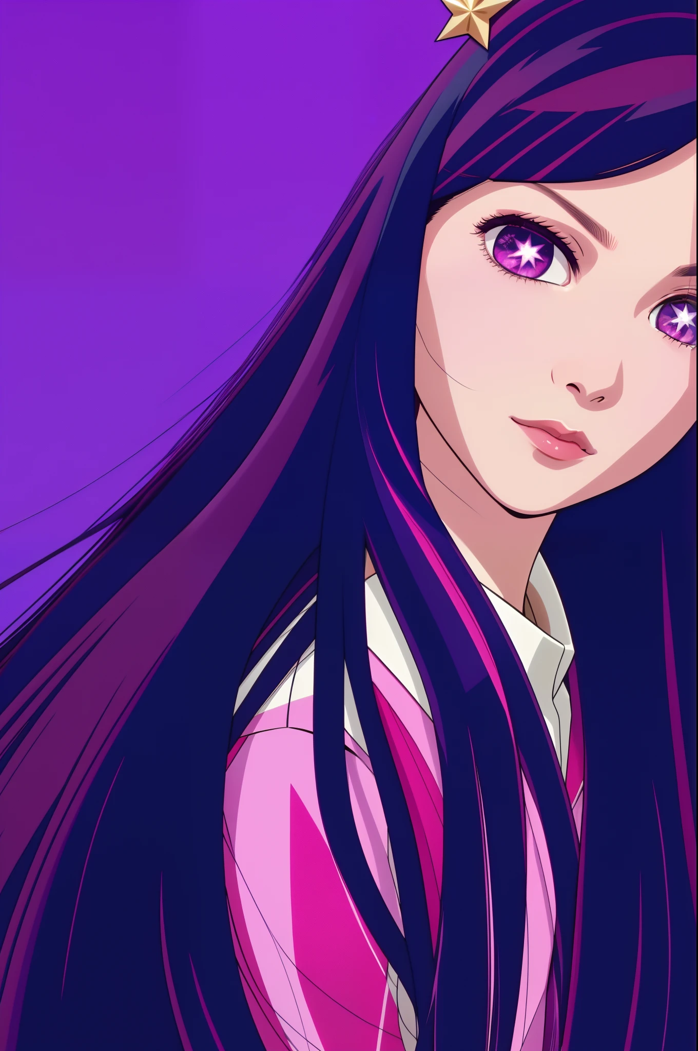gtasa2004
cartoon of loading screen in Hoshino Ai, long hair, purple hair, streaked hair ,purple eyes, star-shaped pupils, hair ornament,