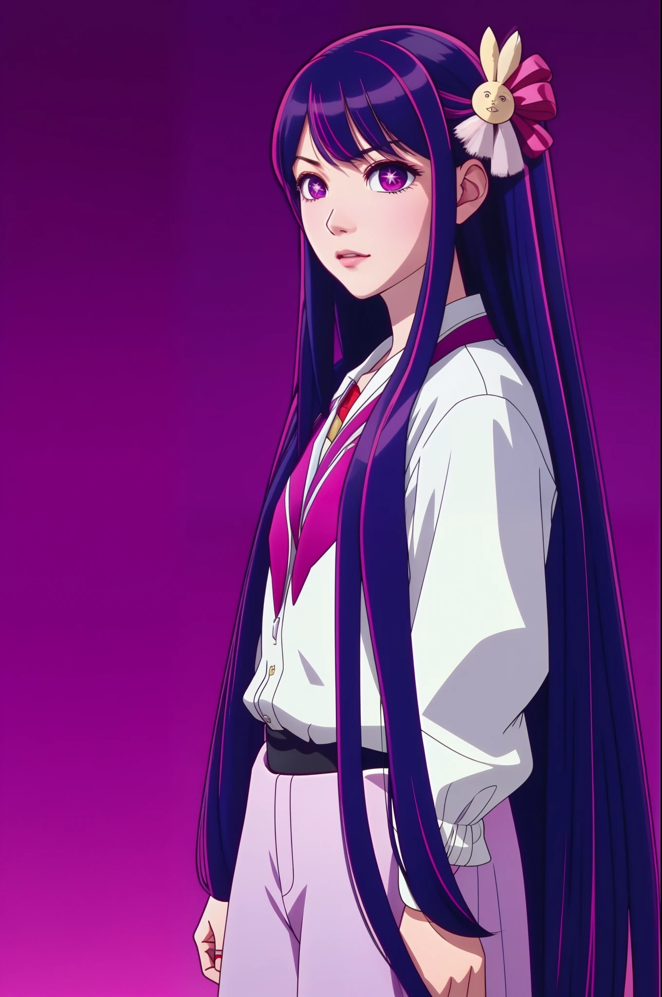 gtasa2004
cartoon of loading screen in Hoshino Ai, long hair, purple hair, streaked hair ,purple eyes, star-shaped pupils, hair ornament,