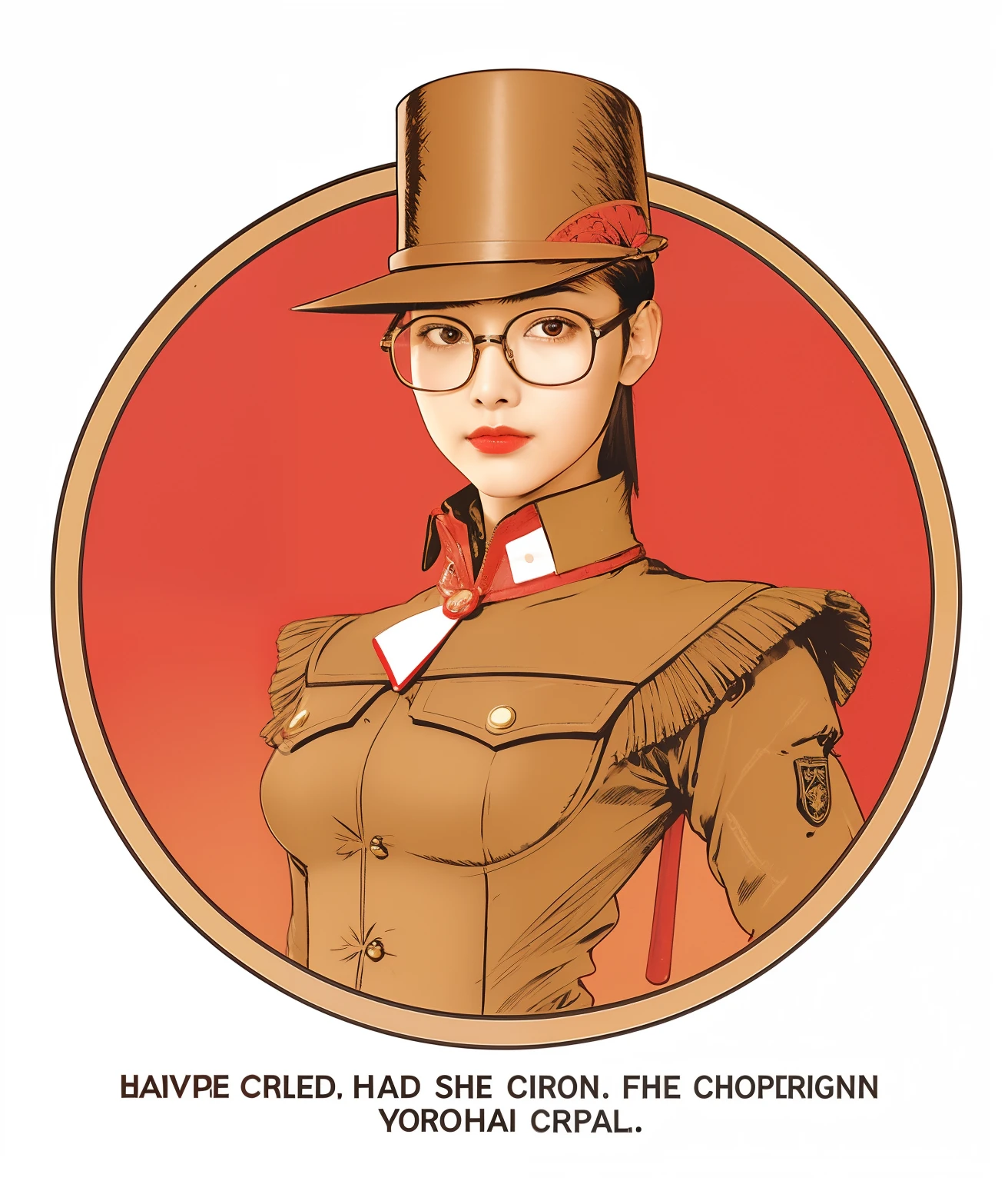 asian female, head shaven, glasses, top brown hat, brown tight uniform with ornate collar and shoulder pads, in a red circle