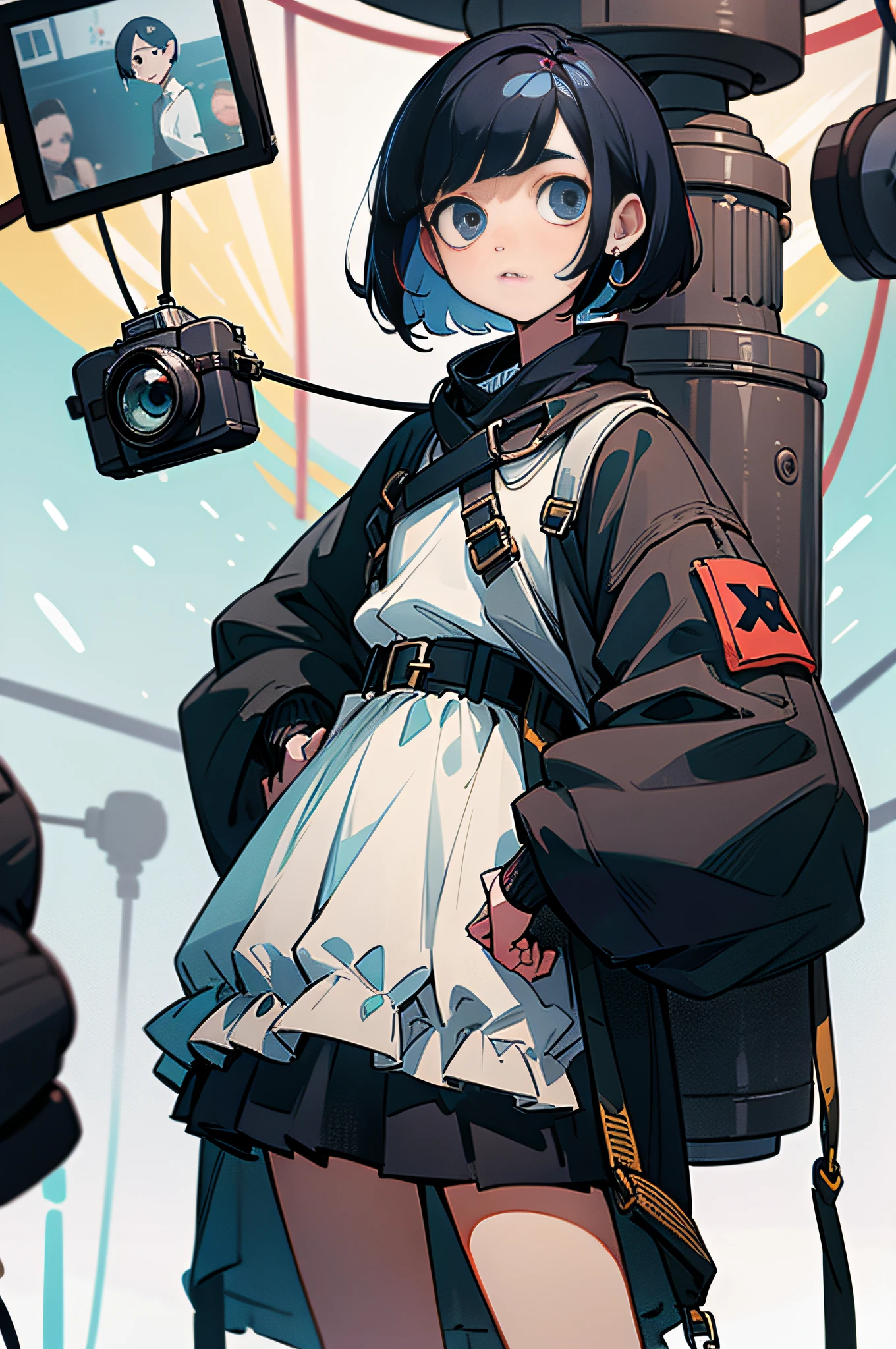 Short Bob's２０A woman in her generation is standing facing the front.、Hair color is black、Baggy white shirt and skirt、Holding the camera、Hanging a camera around his neck、Lots of cameras scattered in the background、The top half of the image size is the face
