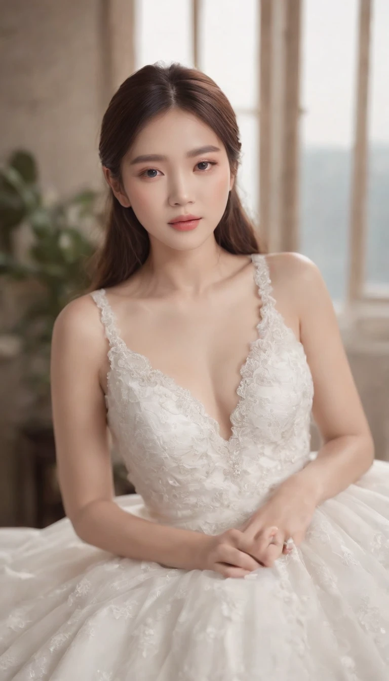 Ultra-clear resolution,top Quority,Wonderful young girl,ear studs,Clear eyes,plain face,Gloss on lips,s the perfect face,White skin,Perfect chest,Slender legs,Tight tulle wedding dress,high-heels,onbed