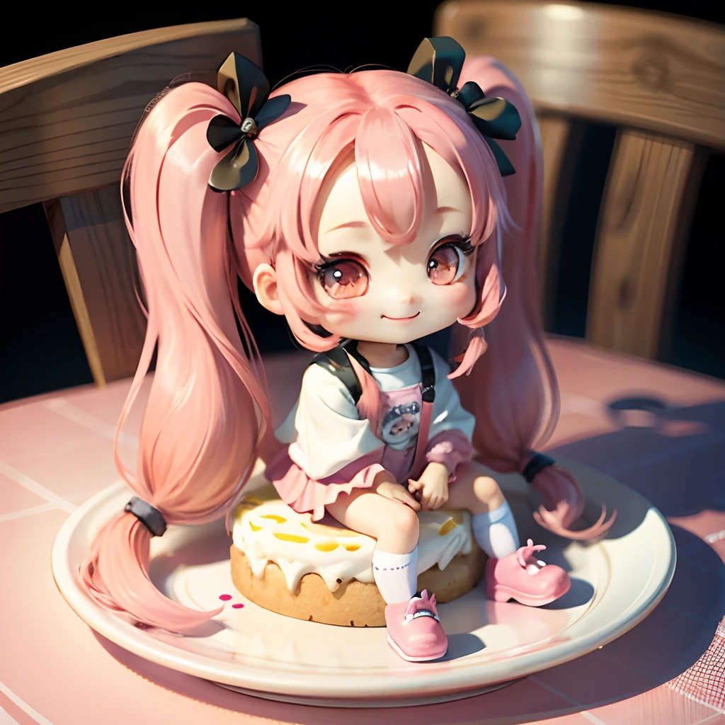Cute chibi anime sitting on a plate, long pink hair with twin tails、wearing colorful clothing, Smiling, Logo is cheap、Colorful