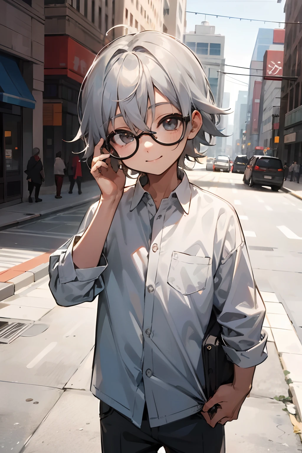 (morning), Male , eye glasses，Soio, Look at the viewer,, Cowboy Shots, (down town),  A smile, silber hair