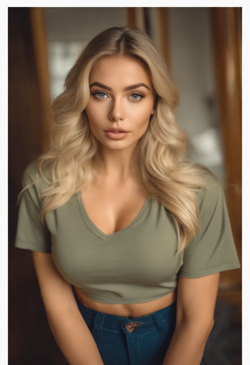 A woman in a matching T-shirt and panties, Sexy girl with blue eyes, portrait sophie mudd, Portrait of de Corinnne Kopf, blonde hair and large eyes, selfie of a young woman, Макияж Without, natural makeup, Look directly into the camera, face with artgram, dezentes Make-up, Excellent full-length photography, in a room, big breastes, blonde, Latina,  breasts exposed, Shirtless shirt, Tits Out, Chest Out,