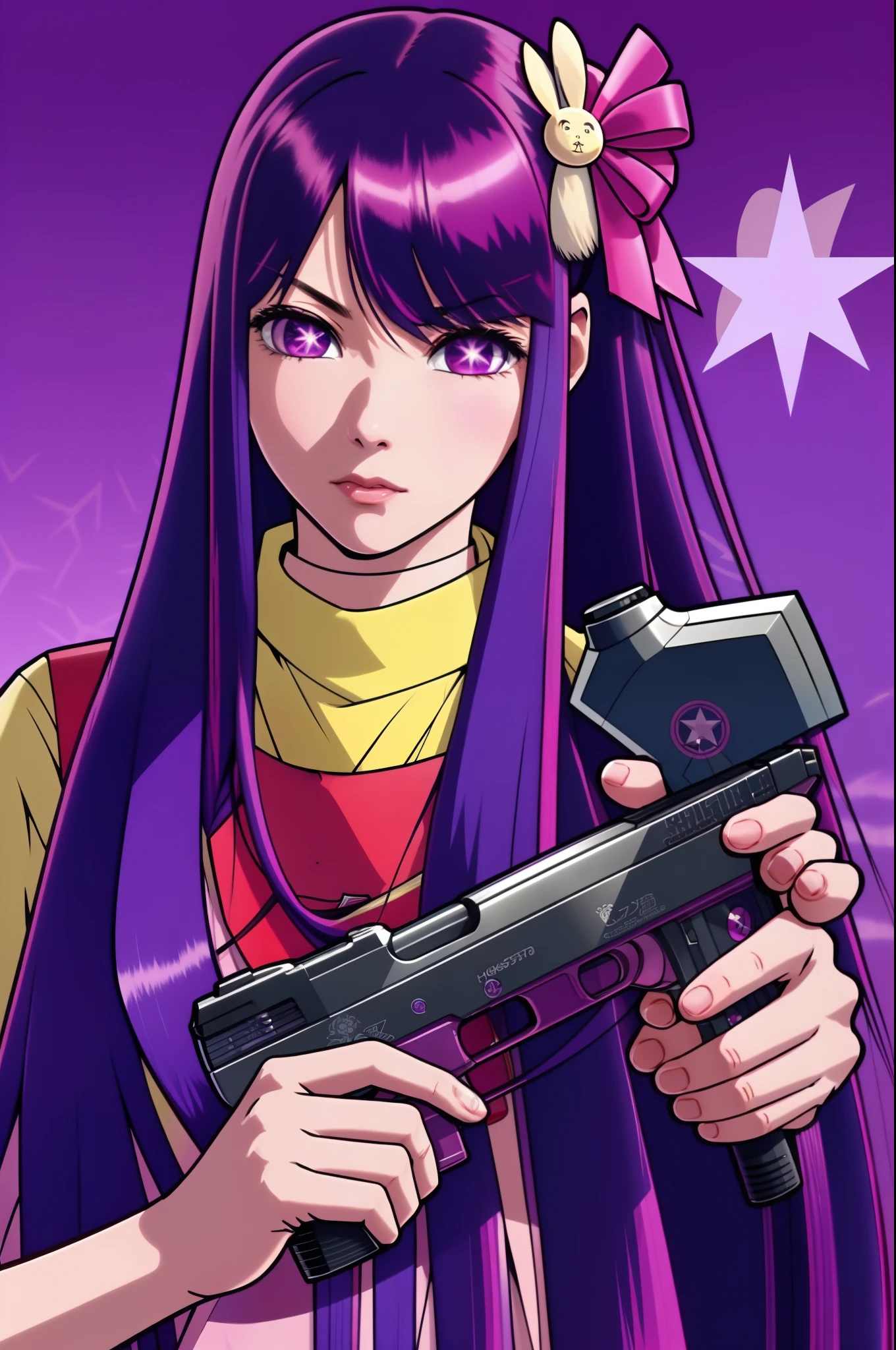 gtasa2004
cartoon of  loading screen  in Hoshino Ai, long hair, purple hair, streaked hair ,purple eyes, star-shaped pupils, hair ornament, holding a gun in tokyo