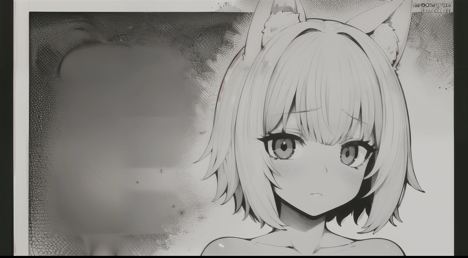 High quality, monocrhome, grayscale, 1girl, ((((Candy Candy anime style)))), (wolf girl, wolf ears, wolf tail), animal ears, animal tail, ((((short hair)))), ((silver white hair)), hair clip, ((hair tap eye)), long eyeslashes, eyeliner, (((small breasts, nude, small snipples, pussy))), ((timid pose)), ((worried, sad expression, mellancholic look)), portrait, close-up, (white background), closed_mouth, blush, eyelashes, detailed shadows, detailed body, detailed eyes, detailed lines, (((manga coloring, manga cover, 4K))).