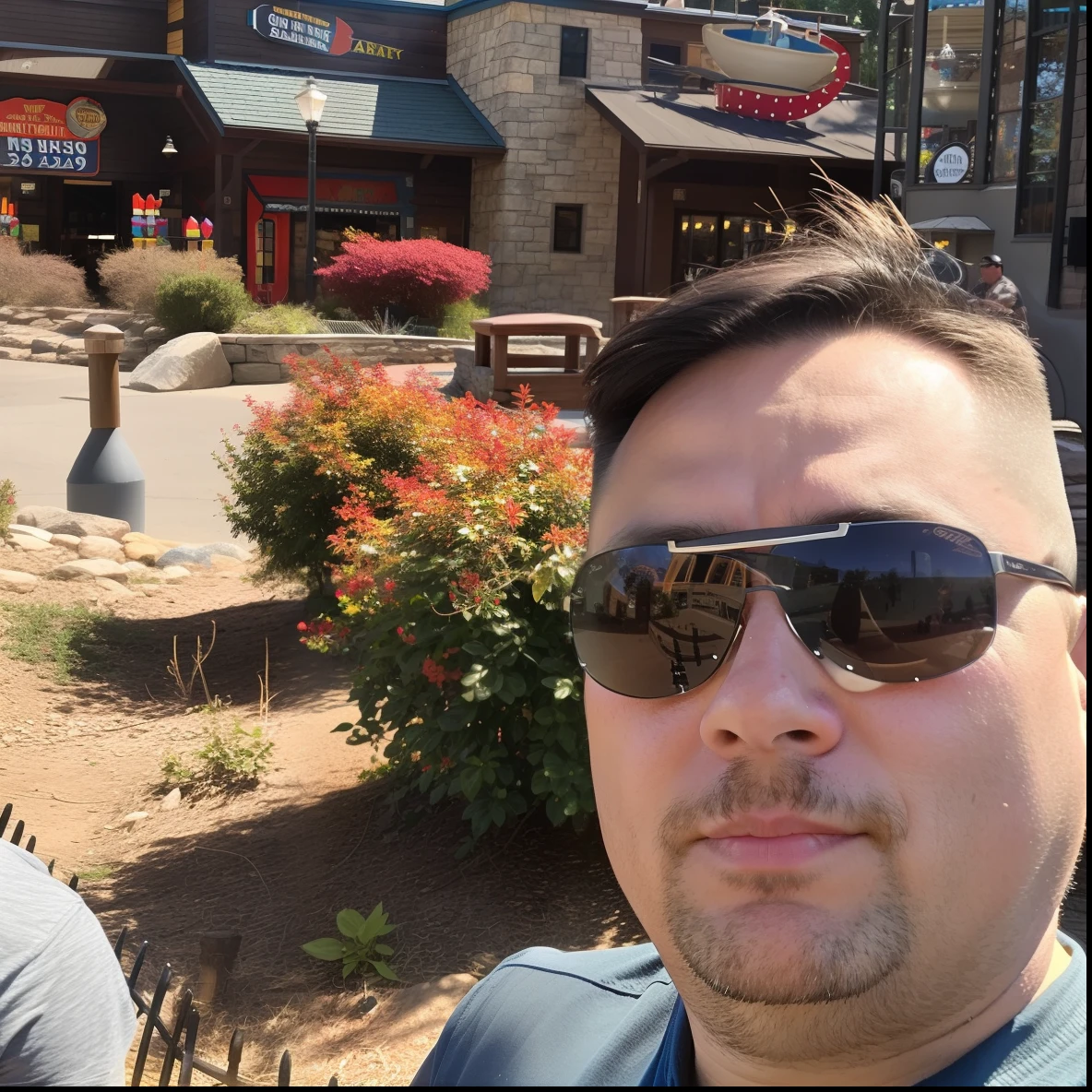 there is a man wearing sunglasses and a blue shirt, about 3 5 years old, taken in silver dollar city, vacation photo, sunny day time, taken in the early 2020s, 3 2 years old, 3 6 years old, 4 0 years old man, 3 5 years old, 35 years old, 38 years old, 2 8 years old