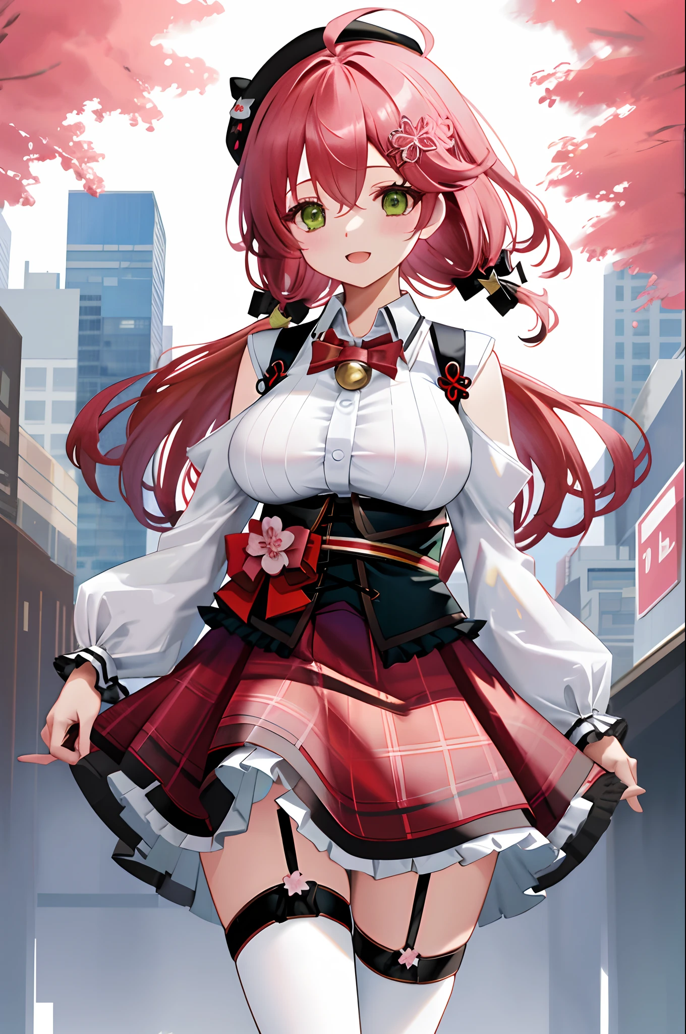 masutepiece, Best_Quality, hight_resolution, miko2,Ponytail, 1girl in, Green eyes, Ahoge, black headwear, Hair Ornament, White shirt, black thighhighs, Pink hair, Red_skirt, very_short_skirt, plaid skirts, garter_strap, Collared shirt, hair clips, frilld, Bangs, hair between eye, frills skirt, beret, Pleated skirt, Hair Flower, Neck bell, , puffy long sleeves, Black bow, Underbust, Cowboy Shot,Smile, gigantic_breasts,covered_nipples, covered_pussy,close_eyes, happy,