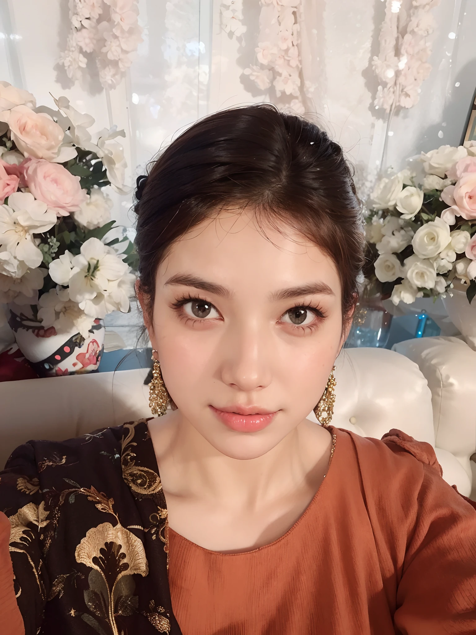 this face,white skinned,brown hair,shorter pants,looking at viewert,pony tails,Cafe,Brown eyes,Realistis,Curvaceous pose,Bigchest,huge tit,ssmile,big boobs