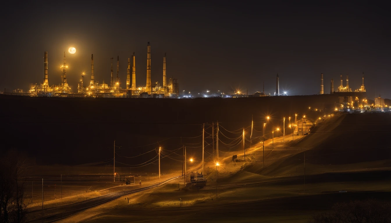 "A peaceful and peaceful night, Bask in a silvery glow. Harmonious moon view,Yellow moon,Homely feeling,(((Several electrical workers are working on the wire. ))),The background is a coal-fired power plant,Towering chimneys。