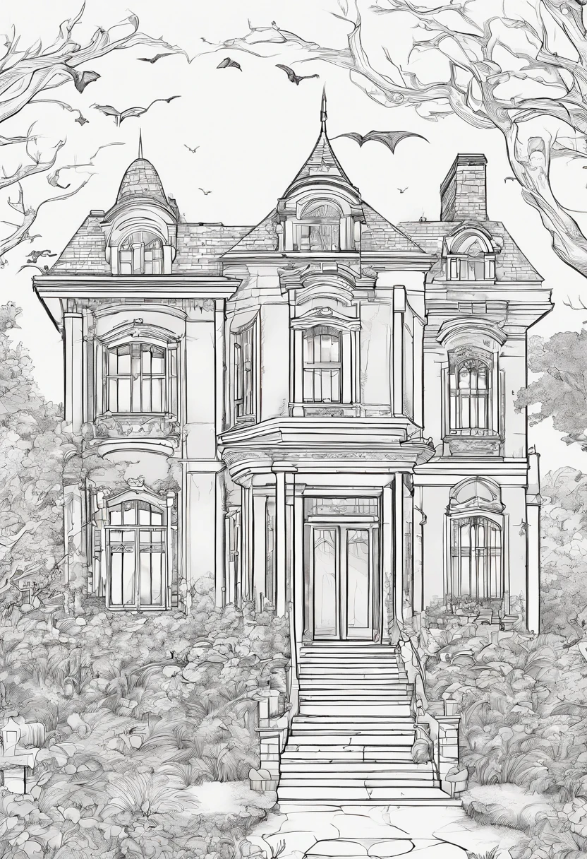 ((A coloring page of A spooky mansion with bats flying around.
.} )), (masterpiece), (coloring page), line art drawing, minimalist, graphic, (line art), vector graphics, Clear and Distinct Lines, Intricate Patterns,Varied Line Weights, Smooth curves, Bold outlines, Crisp shapes