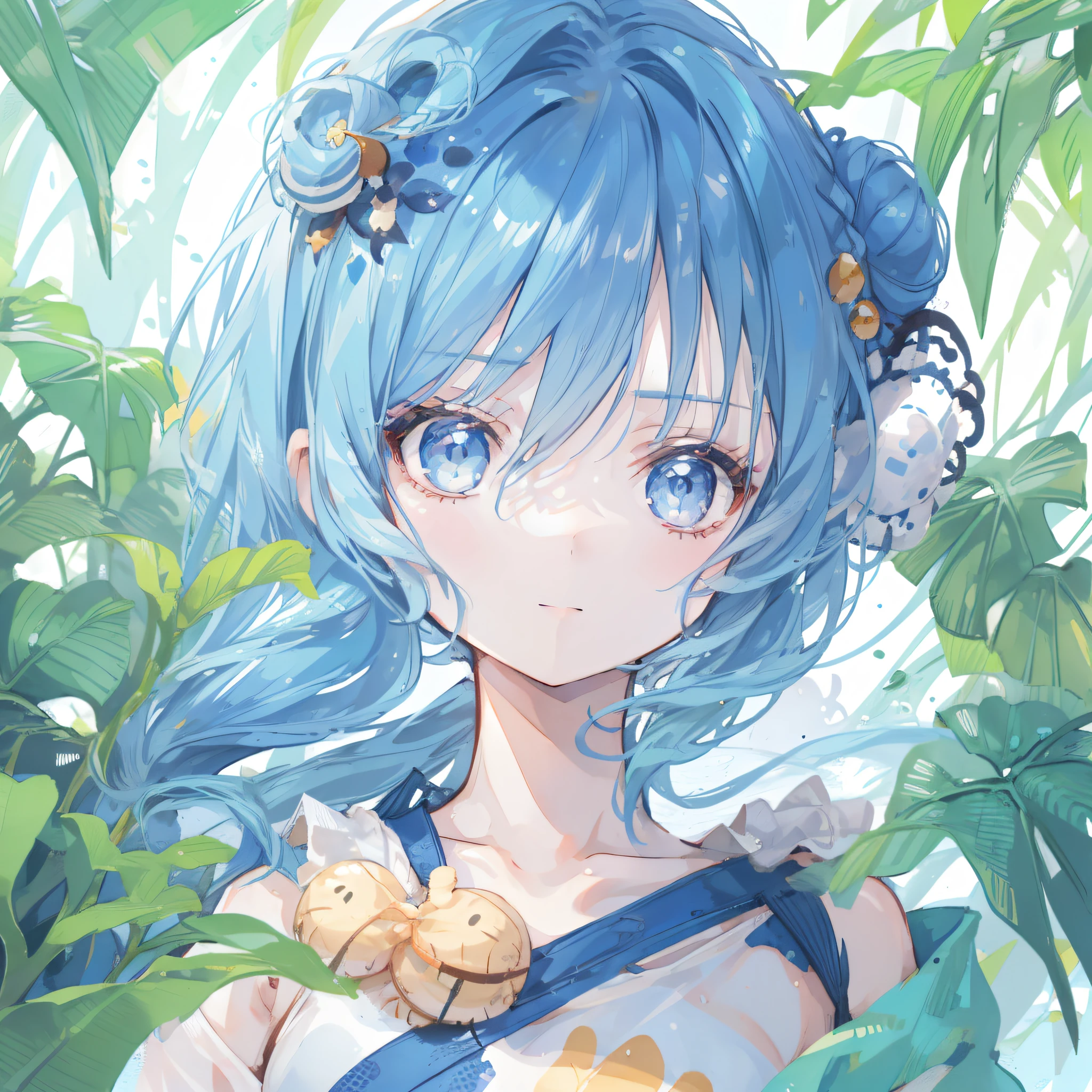 1girl in、jungles、Impersonation face、Beehive hairstyle、eye reflections、Casual One Piece Swimsuit、Blue themed hair、