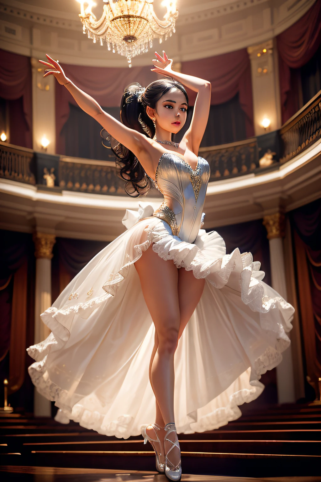 An elegant ballerina dancing on a stage adorned with crystal chandeliers, her graceful movements conveying both strength and vulnerability, a grand theater filled with mesmerized spectators, Photography, high-speed shutter, wide-angle lens, --ar 16:9 --v 5