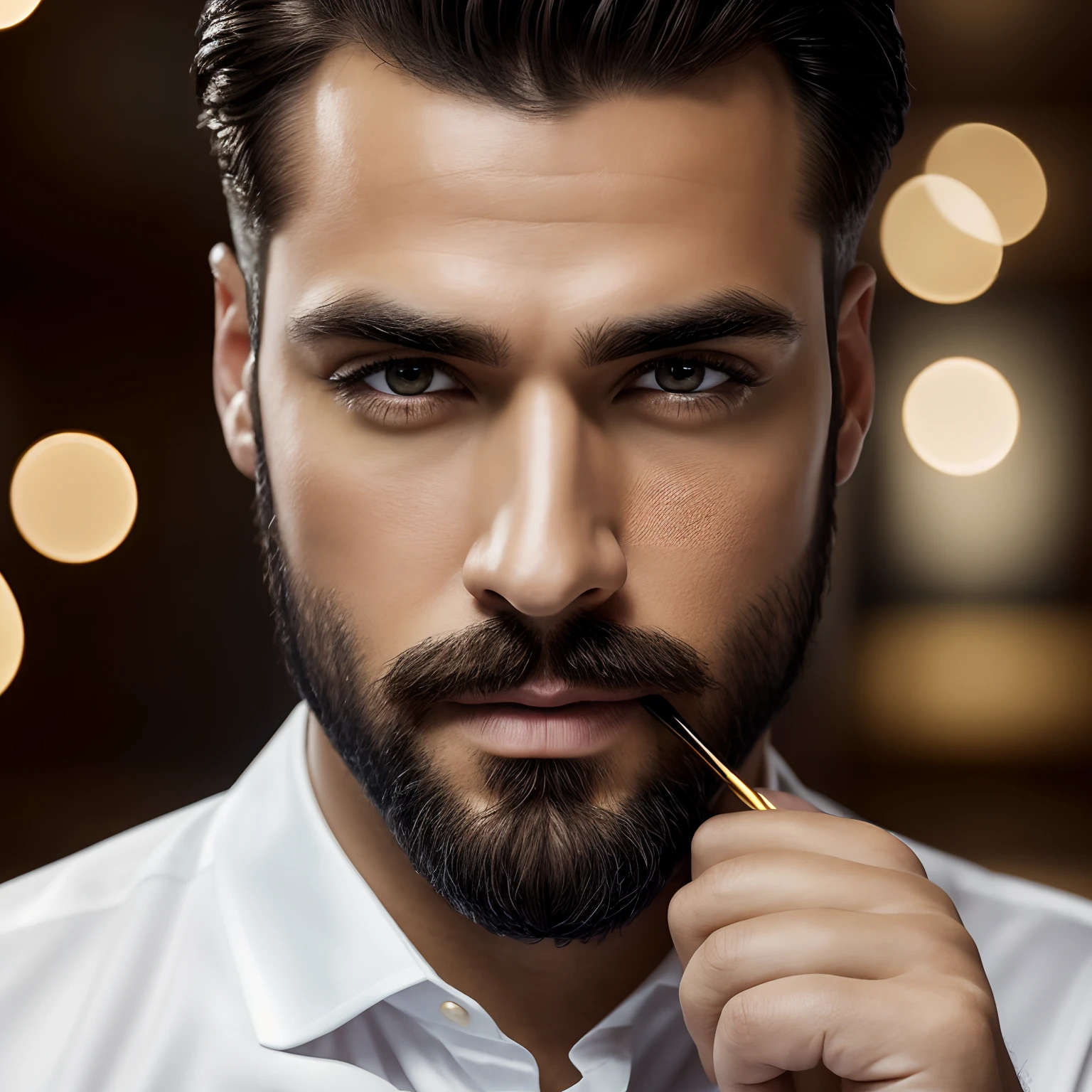 Makeup artists do makeup for celebrities，(Masterpiece:1.2), Best Quality, Masterpiece, hight resolution, Original, extremely detailed wallpaper, perfect  lighting,(extremely detailed CGI:1.2),,Create a man, working, drink a glass of whiskey, black hair, White Man, His luxurious office, Man in suit,Small Beard Made, A gold watch, dark eyes, Sturdy physique, hiquality, 4k, 8K