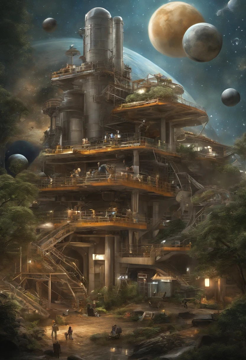 Help me draw a science fiction picture，The theme is science and environmental protection，The whole painting has a starry sky as the background，At the bottom is the Earth，Tall buildings can be seen on Earth、All sorts of garbage，Including hazardous waste、Food waste、Other garbage and recyclables。Above the earth,There is a huge space junk power station in space，The power station is divided into three levels: The upper part of the body, Lower middle part，At the bottom are various pipes，Same with all kinds of garbage，Used for garbage collection；The middle tier is used for garbage disposal，There will be a variety of small robots、Smart devices do all kinds of garbage disposal and conversion，The upper floor is a waste-to-energy power station，and the middle tier is connected through the conversion device，It is used to convert treated garbage into electricity。Waste-to-energy plants will be and earth、Other planets and spaceships、moons、Spaceships and so on are connected，Power supply。This painting is the work of the second grade of elementary school，The painting style is simple，Op. A2 paper size，hand painted style，Don't get too complicated，Embodies the characteristics of children's paintings