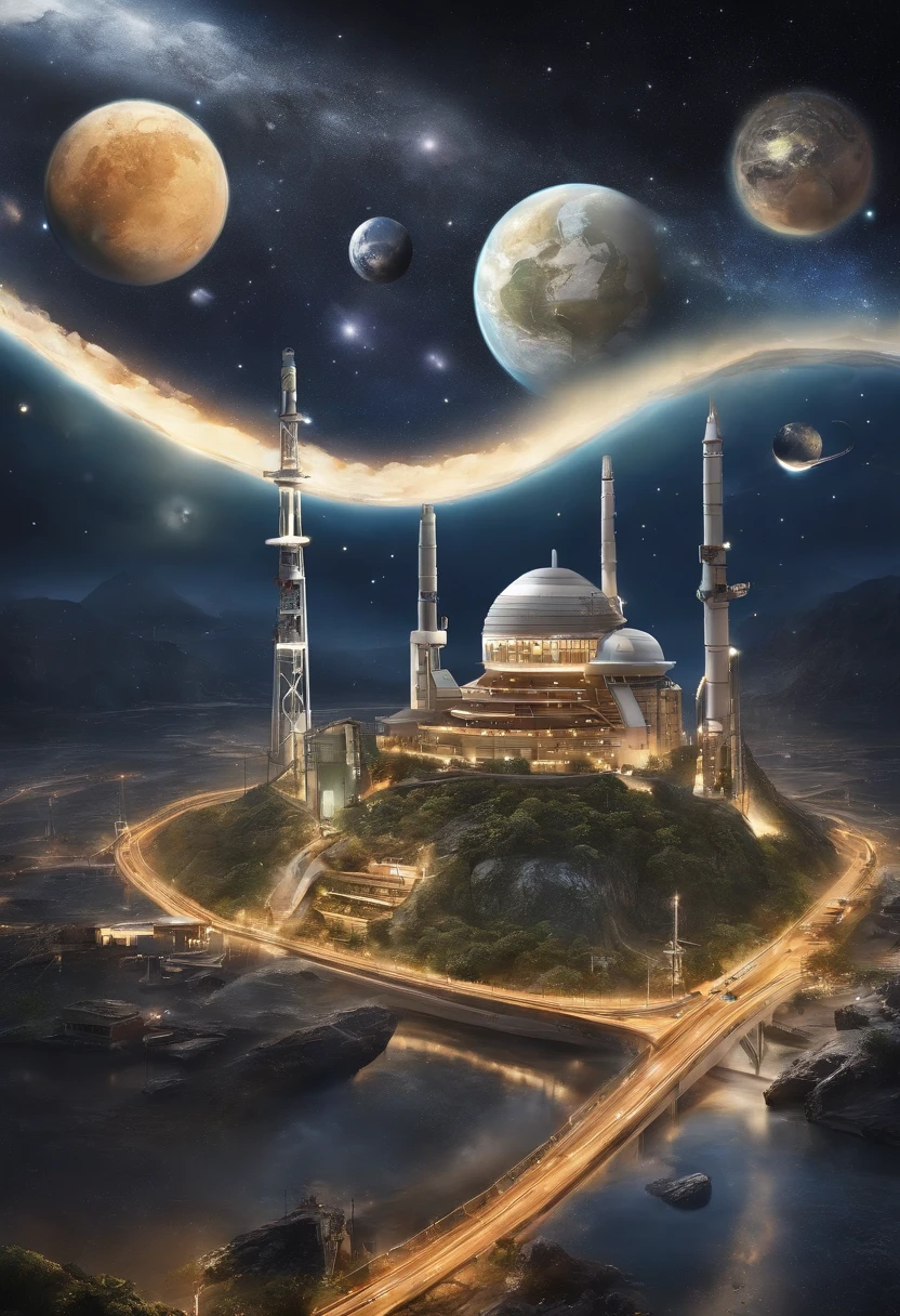 Help me draw a science fiction picture,The theme is science and environmental protection,The whole painting has a starry sky as the background,At the bottom is the Earth,Tall buildings can be seen on Earth、All sorts of garbage,Including hazardous waste、Food waste、Other garbage and recyclables。Above the earth,There is a huge space junk power station in space,The power station is divided into three levels: The upper part of the body, Lower middle part,At the bottom are various pipes,Same with all kinds of garbage,Used for garbage collection;The middle tier is used for garbage disposal,There will be a variety of small robots、Smart devices do all kinds of garbage disposal and conversion,The upper floor is a waste-to-energy power station,and the middle tier is connected through the conversion device,It is used to convert treated garbage into electricity。Waste-to-energy plants will be and earth、Other planets and spaceships、moons、Spaceships and so on are connected,Power supply。This painting is the work of the second grade of elementary school,The painting style is simple,Op. A2 paper size,hand painted style,Don't get too complicated,Embodies the characteristics of children's paintings