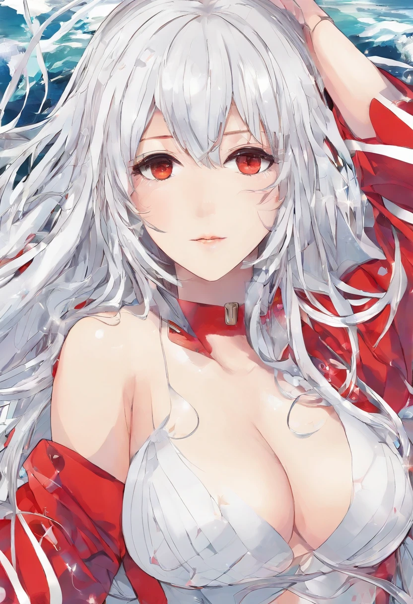 Two-dimensional beauty，huge boob，Body details，dynamicposes，long whitr hair，Cocked buttocks，No coat，red bikinis