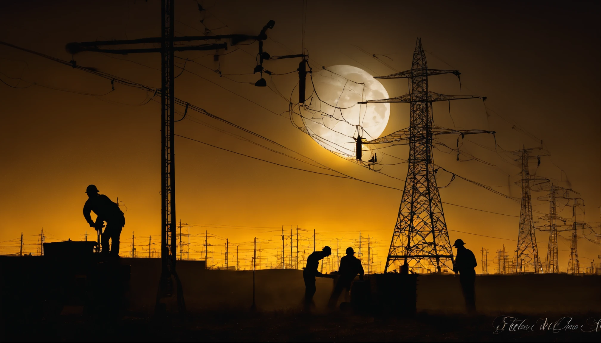 "A peaceful and peaceful night, Bask in a silvery glow. Harmonious moon view,Yellow moon,Homely feeling,(((Several electrical workers are working on the wire. ))),The background is a coal-fired power plant,Towering chimneys。
