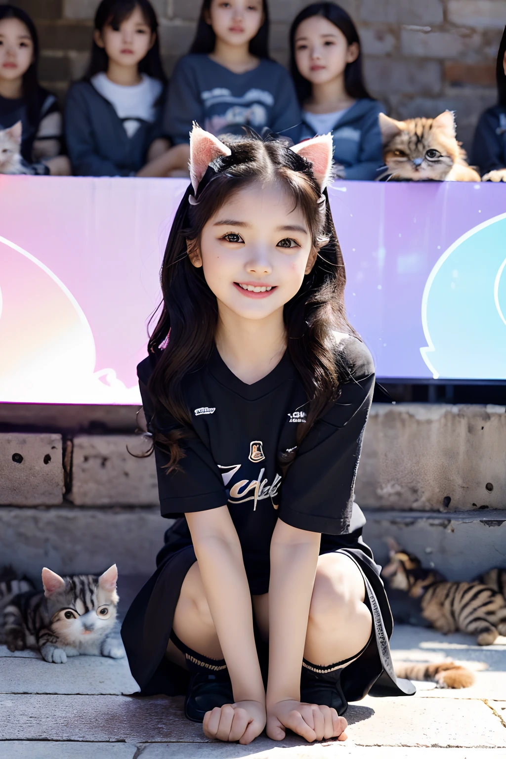 Best quality, high resolution, distinct image, (many (Detailed) baby cats) And a girl:1.3), Focus on cats, Little (Detailed) Cats around girls,background is back alley, detasiled sunlight, Sitting, Girls watch the audience, Front view, (Cat looks at the audience:1.2), Sit on the floor and scratch your knees, (cheerfulness:1.3) , (Kitten)