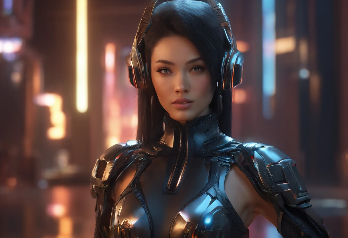 solo, super fine photo, full body picture Unreal Engine 5 8K UHD of a girl, wearing black tight shiny suit with cybernetic details, high-tech armor, long black glove, ponytail hair, half face cybernetic mask, cyberpunk character, futuristic city fantasy background, best quality, masterpiece, unified 8k wallpaper, super detailed, sharp focus, female pose