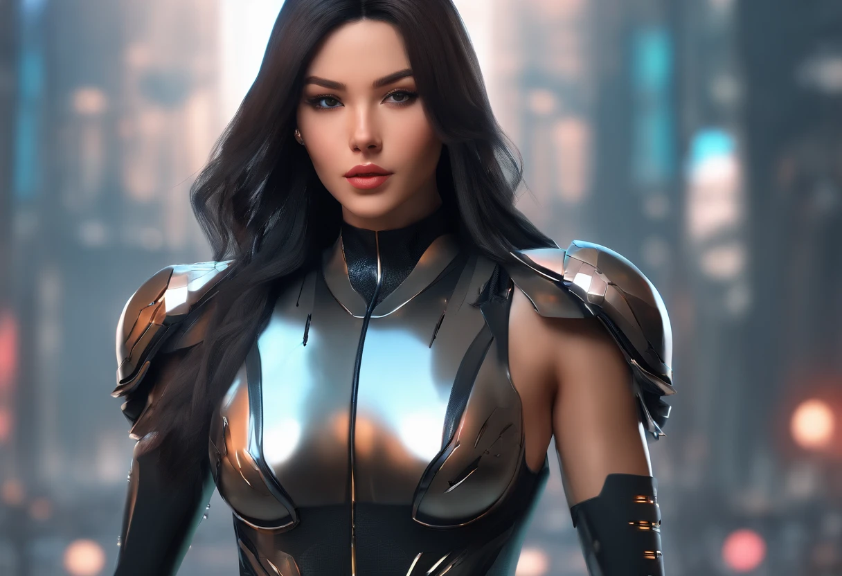 solo, super fine photo, full body picture Unreal Engine 5 8K UHD of a girl, wearing black tight shiny suit with cybernetic details, high-tech armor, long black glove, ponytail hair, half face cybernetic mask, cyberpunk character, futuristic city fantasy background, best quality, masterpiece, unified 8k wallpaper, super detailed, sharp focus, female pose