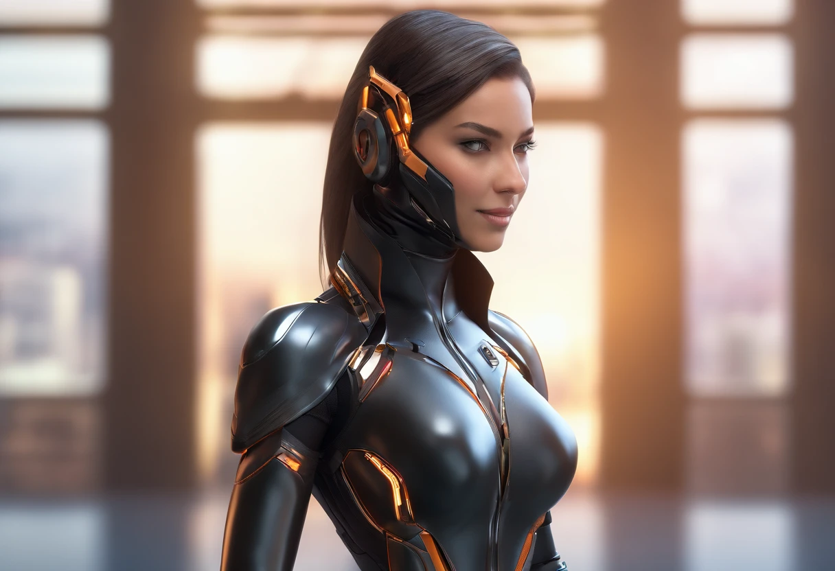solo, super fine photo, full body picture Unreal Engine 5 8K UHD of a girl, wearing black tight shiny suit with cybernetic details, high-tech armor, long black glove, ponytail hair, half face cybernetic mask, cyberpunk character, futuristic city fantasy background, best quality, masterpiece, unified 8k wallpaper, super detailed, sharp focus, female pose