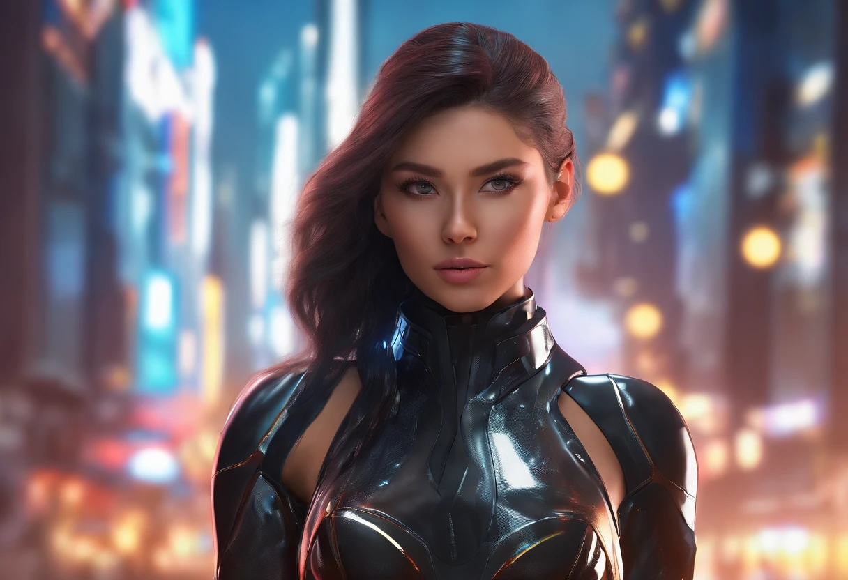 solo, super fine photo, full body picture Unreal Engine 5 8K UHD of a girl, wearing black tight shiny suit with cybernetic details, high-tech armor, long black glove, ponytail hair, half face cybernetic mask, cyberpunk character, futuristic city fantasy background, best quality, masterpiece, unified 8k wallpaper, super detailed, sharp focus, female pose