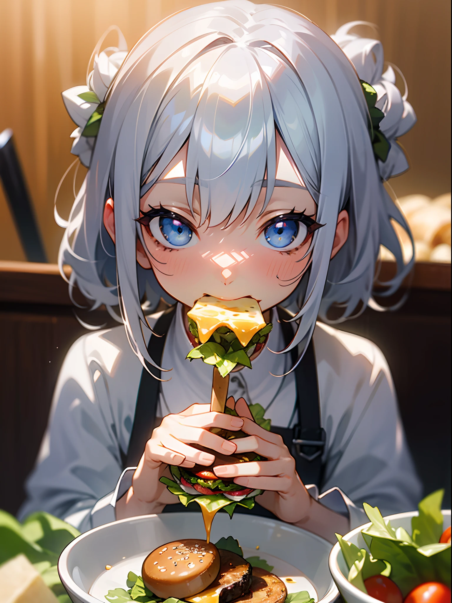 (Best Quality,hight resolution,Ultra-detailed),Eating a hamburger, Silver hair, Blue eyes, Hamburger, cup, lettuce, fruits, tomatoes, onion, bowl, Bokeh background, food, closeup at the food, still-life, Blurred, depth of fields, Verdure, cheese
