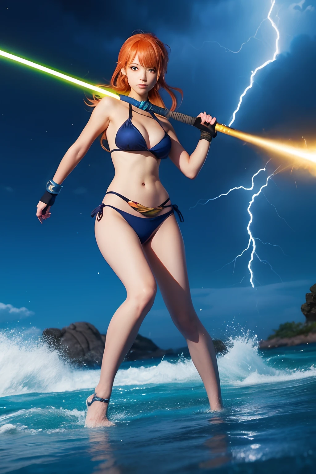 there is a woman in a bikini holding a baseball bat, nami from one piece, nami one piece, deviantart artstation cgscosiety, splashes of lightning behind her, epic digital art illustration, goddess of lightning, epic fantasy digital art style, epic fantasy digital art, 2. 5 d cgi anime fantasy artwork, mermaid cyborg with a laser whip