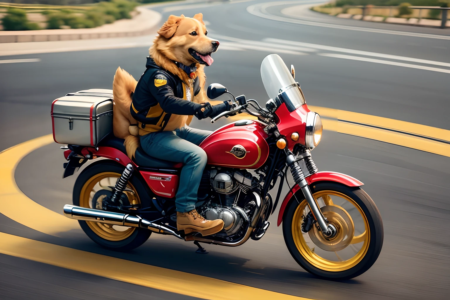 Golden Retriever, pilotando uma moto com mochila nas costas,  trabalhando de entregador, roupa amarela dos correios, bonito, feliz, deliverydog, motorcicle, (cinemactic: 1.2), cidade noturna de fundo, imagem super realista, High quality graphic