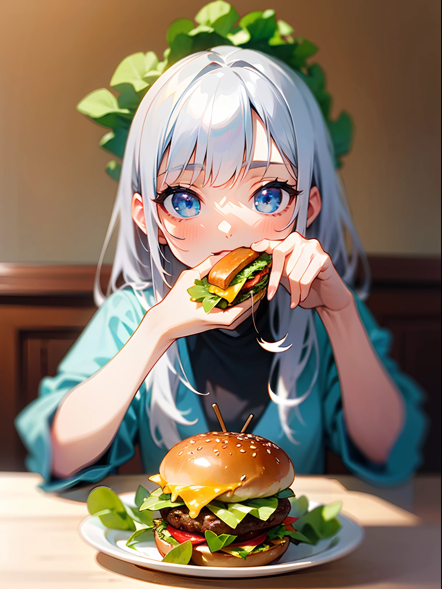 (Best Quality,hight resolution,Ultra-detailed),Eating a hamburger, Silver hair, Blue eyes, Hamburger, cup, lettuce, fruits, tomatoes, onion, bowl, Bokeh background, food, closeup at the food, still-life, Blurred, depth of fields, Verdure, cheese