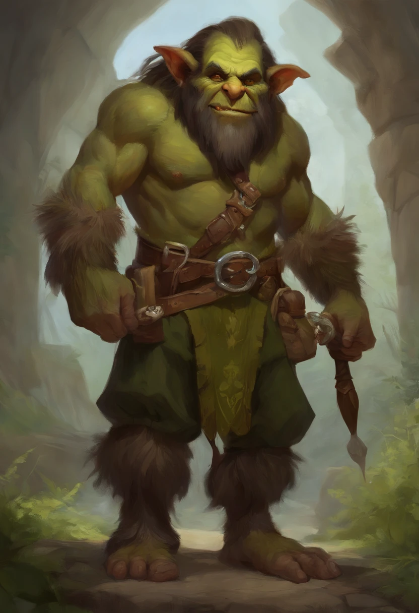 a painting of a troll with a beard and a beard on, a character portrait by Todd Lockwood, Artstation contest winner, fantasy art, female troll shaman, medium portrait of a goblin, senior concept artist, goblin girl dnd character, portrait of a goblin, a character based on a haggis, bugbear, drak fantasy goblin, dog - faced muscular goblin