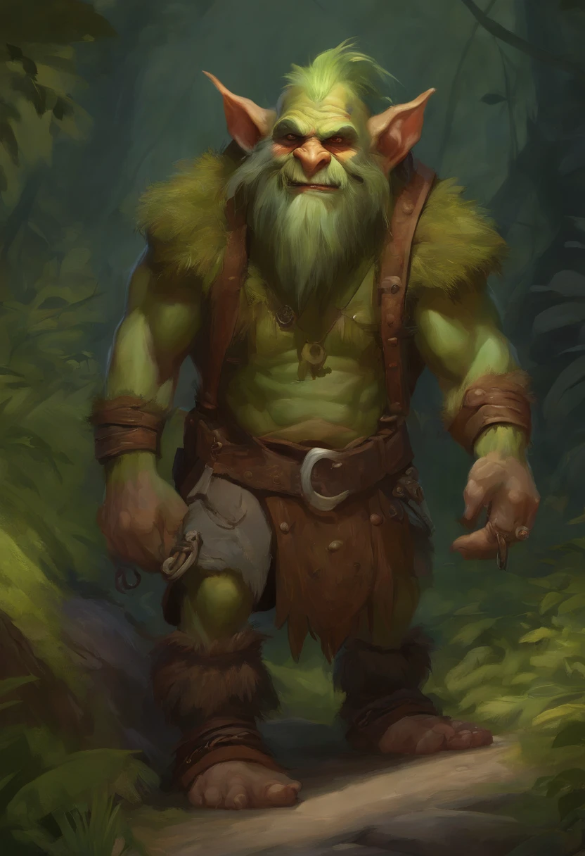 a painting of a troll with a beard and a beard on, a character portrait by Todd Lockwood, Artstation contest winner, fantasy art, female troll shaman, medium portrait of a goblin, senior concept artist, goblin girl dnd character, portrait of a goblin, a character based on a haggis, bugbear, drak fantasy goblin, dog - faced muscular goblin